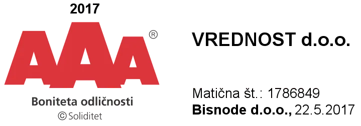 Boniteta odličnosti AAA 2017, VREDNOST d.o.o., Bisnode d.o.o.